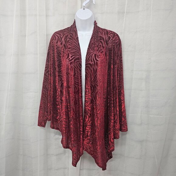 Ruby Rd. Red Velour Flocked Kimono Cardigan Jacket Sheer Boho Goth PM - Picture 1 of 11
